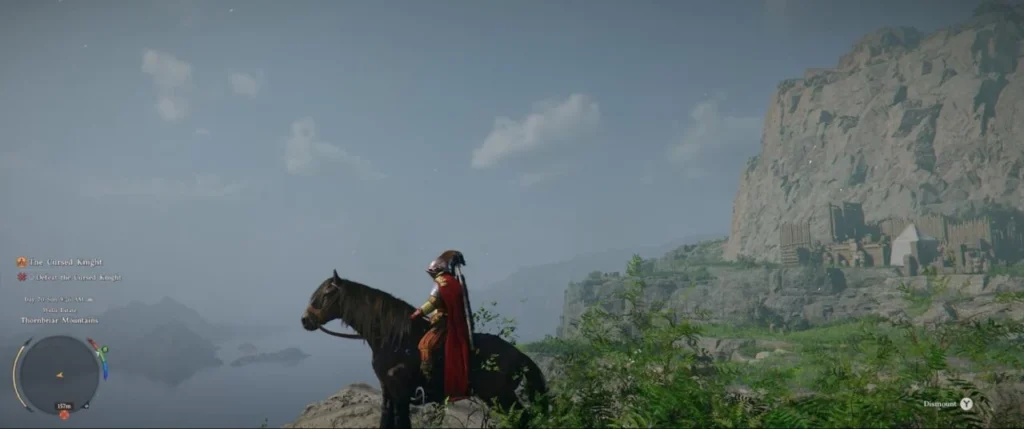 Armored rider on black horse overlooking mountain cliffs