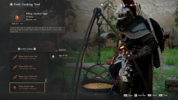 Armored warrior cooking stew at campfire in Assassin's Creed Valhalla