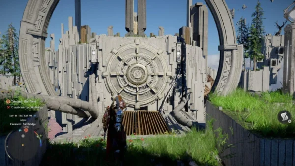 Armored character faces circular gate in stone ruins