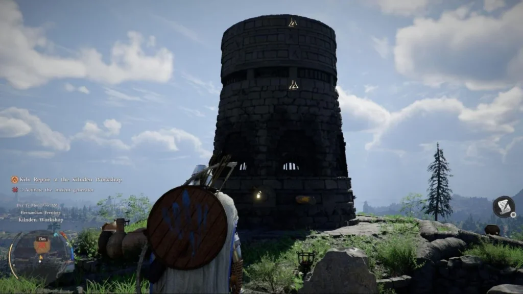 Player character approaches stone tower at Kilnden Workshop