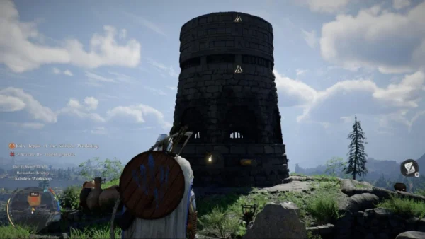 Player character approaches stone tower at Kilnden Workshop