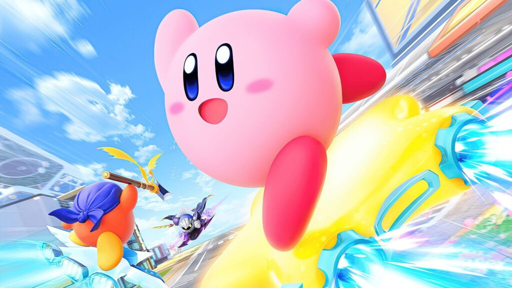 Kirby races on yellow star in Mario Kart track