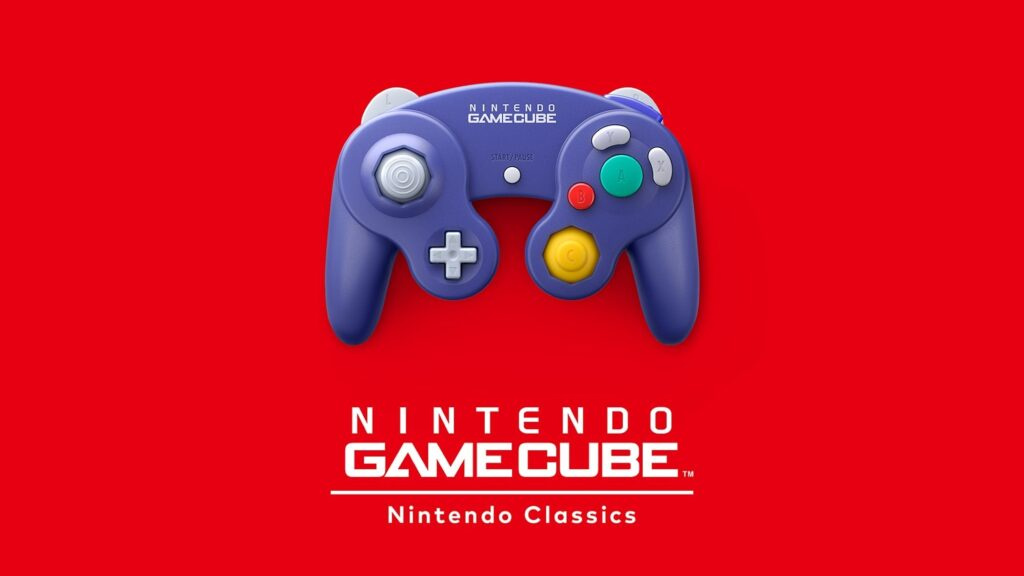 Purple Nintendo GameCube controller displayed on red background