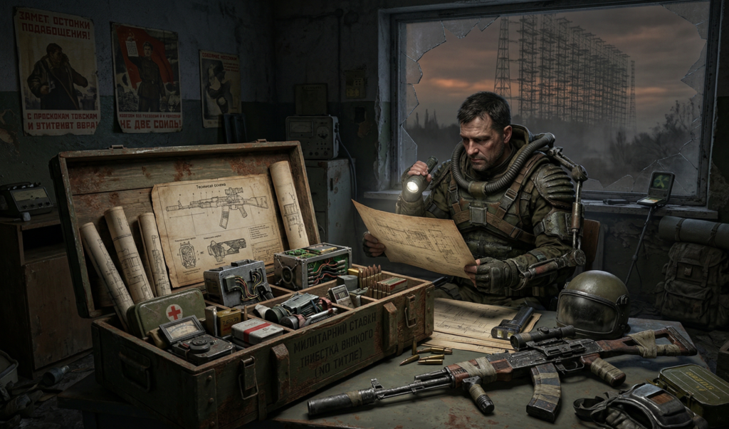 Armored soldier studies blueprint at desk in bunker