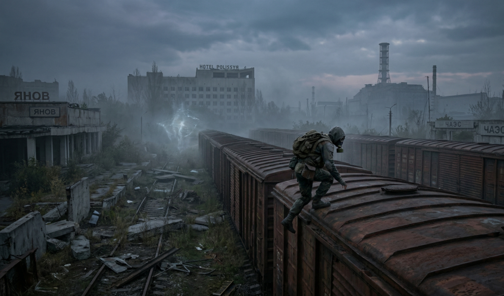 Gas-masked person crouching on train in abandoned city