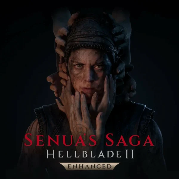 Senua faces forward as hands grasp her head in darkness