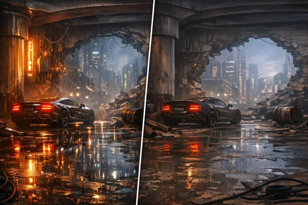 Rainy cityscape with car