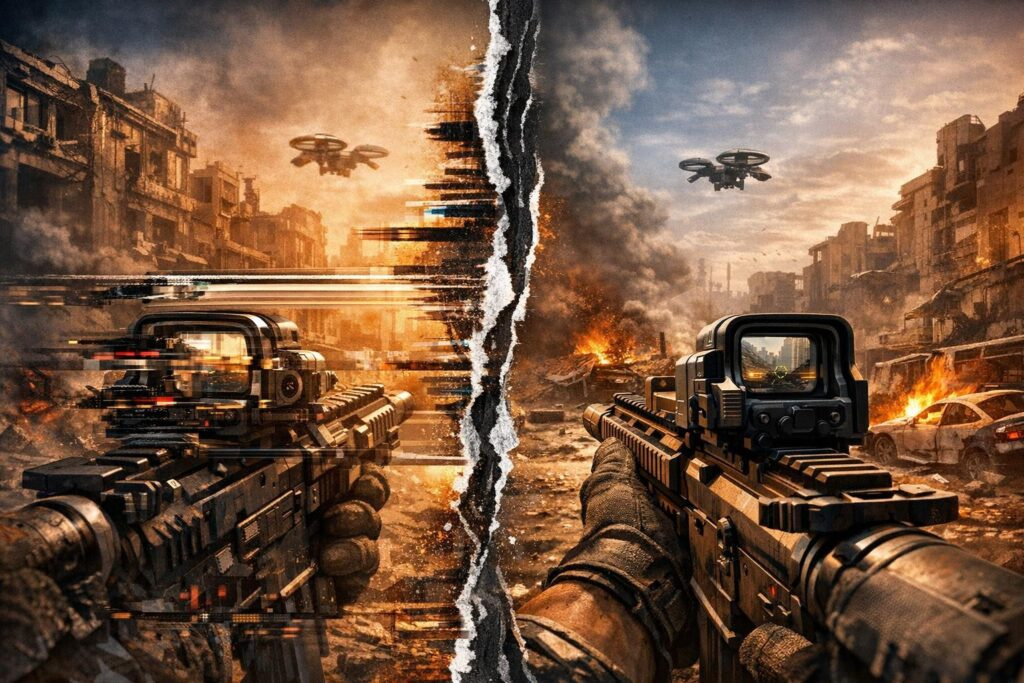 First-person rifle aiming in burning ruined city street