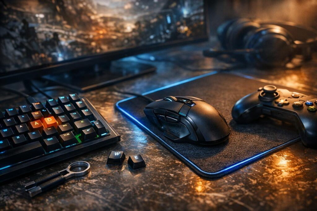 Gaming setup accessories displayed