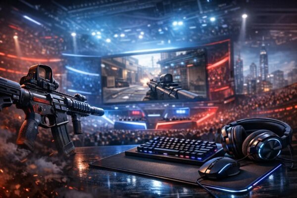 Gaming keyboard and headset on desk at esports arena