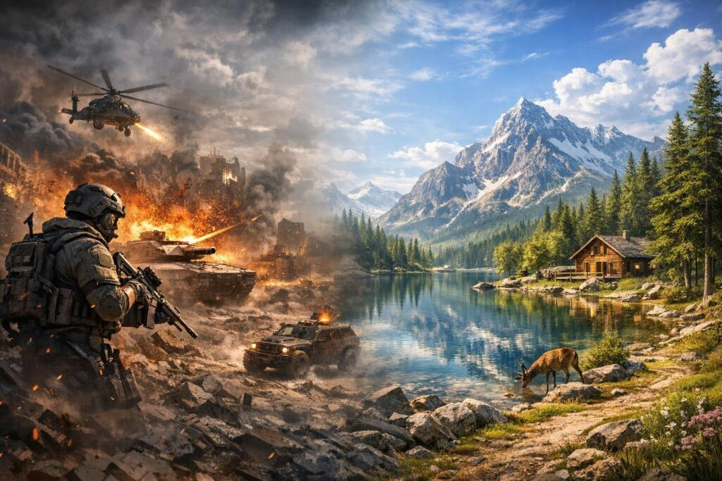 Soldier aims rifle near burning tank by lake