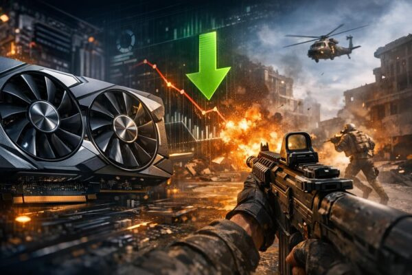 Soldier aims rifle in warzone with green arrow