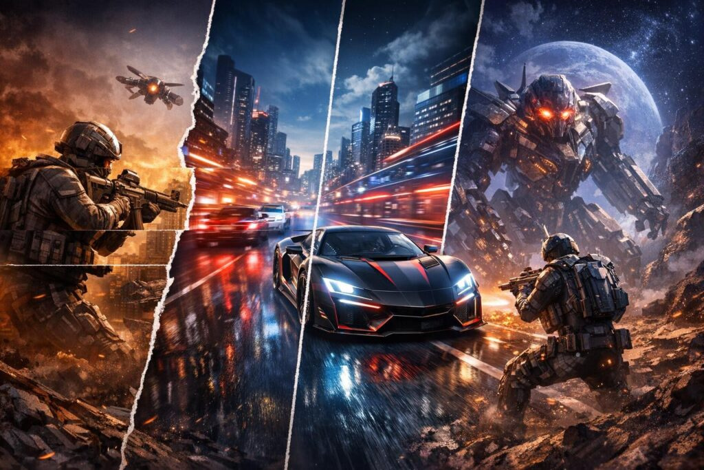 Futuristic action scenes collage