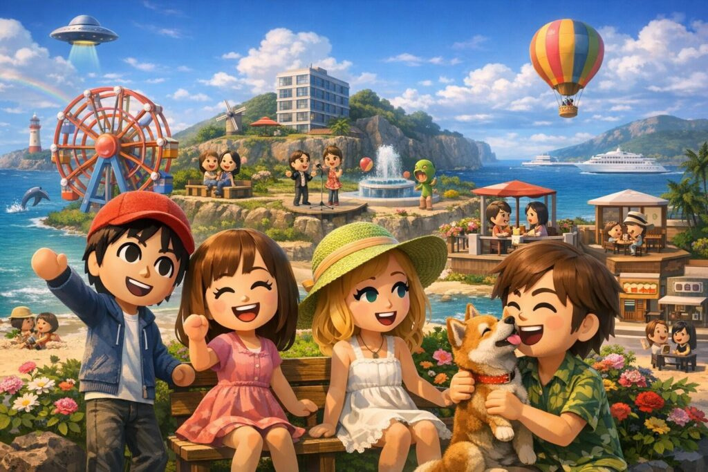 Miis sit with dog on seaside island resort