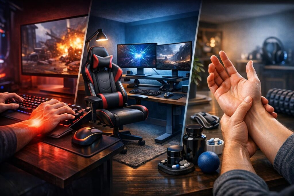 Hands gaming at desk beside wrist pain relief setup