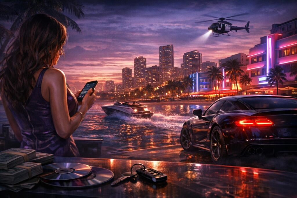 Woman using smartphone by waterfront at neon city sunset