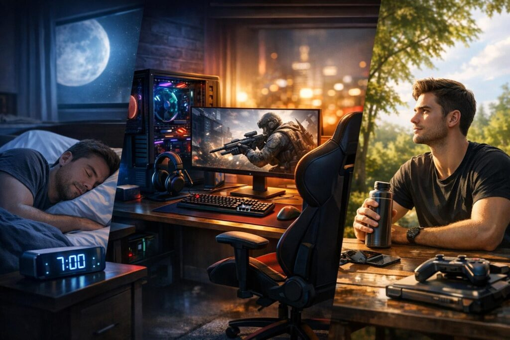 Man sleeping beside gaming PC and man outdoors holding bottle