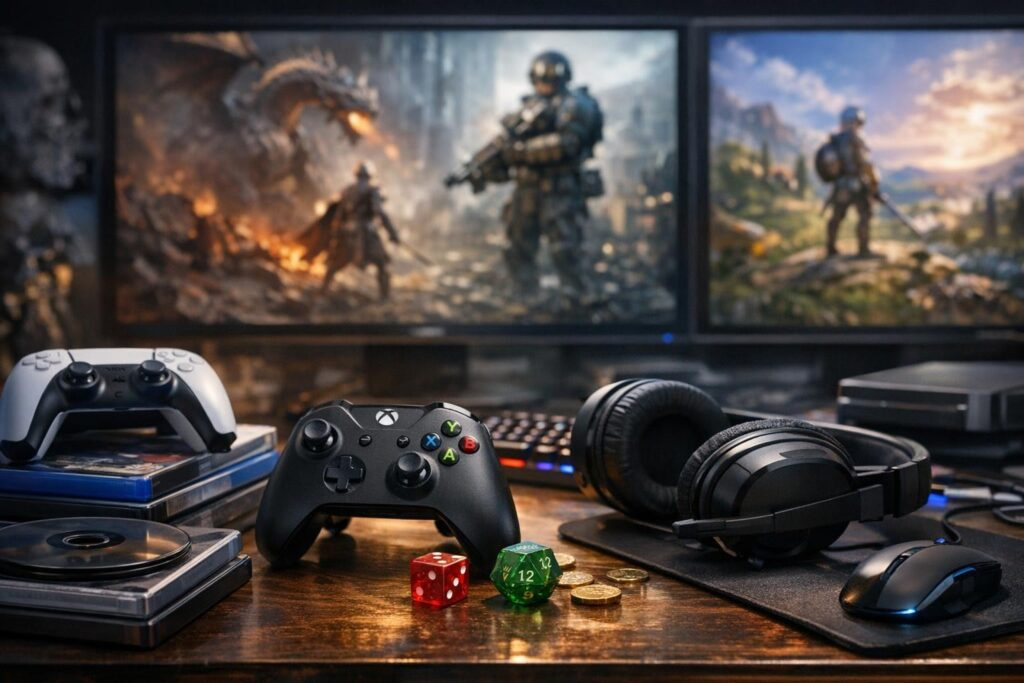 Xbox controller and headset on desk before monitors