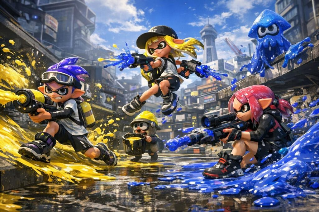 Splatoon Inklings shoot blue and yellow ink downtown