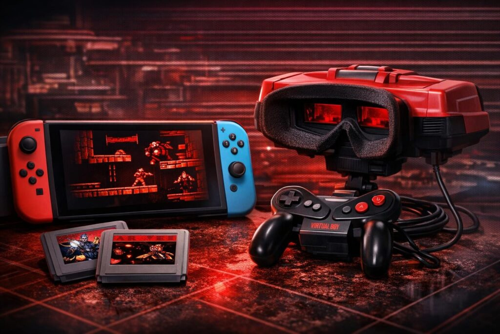 Nintendo Switch beside Nintendo Virtual Boy on table