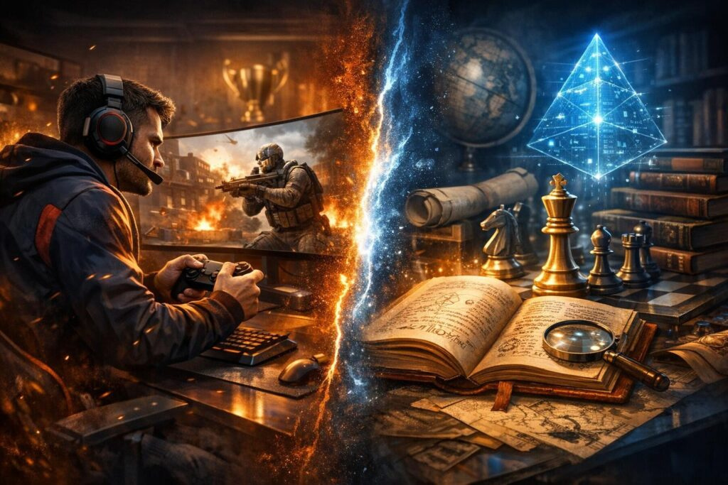 Gamer playing shooter beside chessboard and books desk