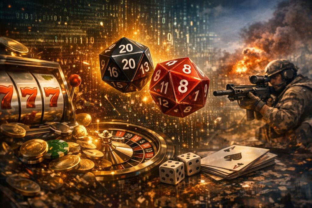 Soldier aims rifle beside casino dice and roulette table