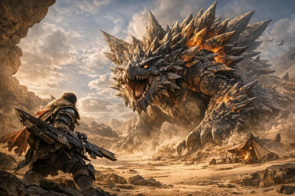 Armored hunter aims bowgun at spiked dragon in desert