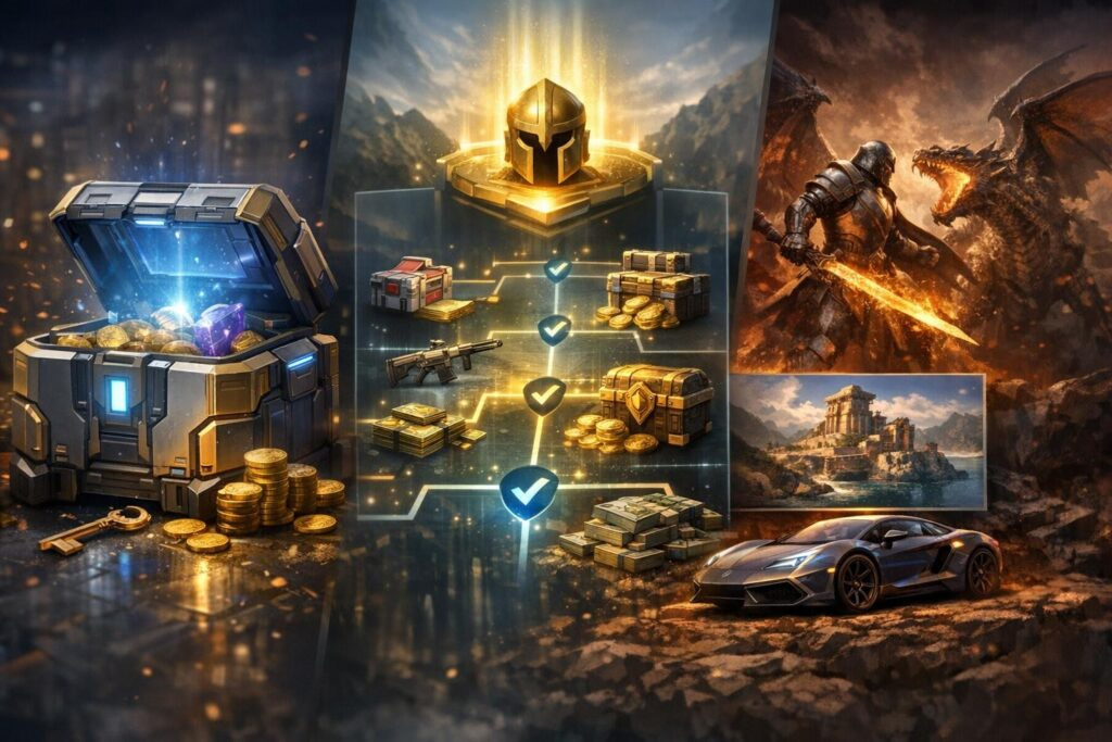 Open treasure chest spilling gold beside game rewards screen