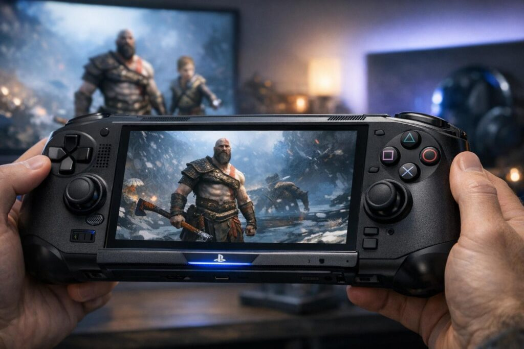 Hands holding PlayStation handheld showing Kratos in God of War