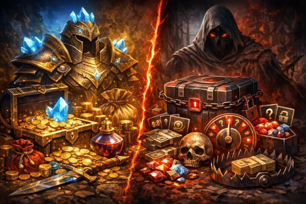 Armored knight and hooded figure guarding treasure in forest