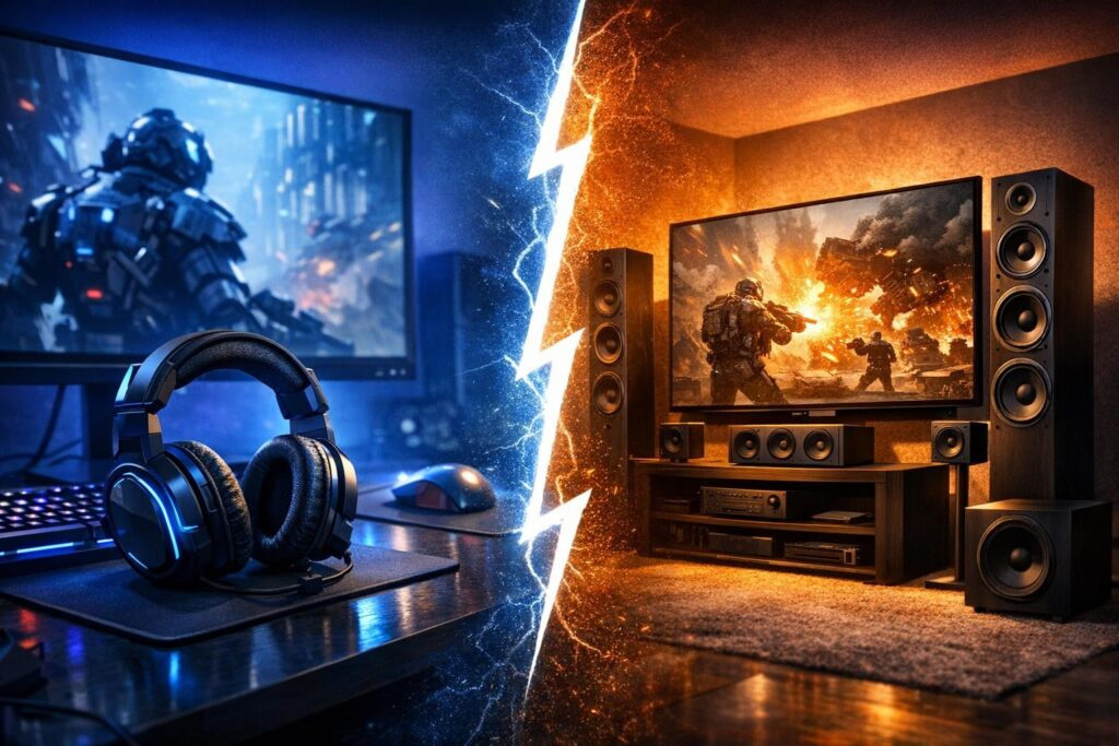 Gaming setup comparison split.