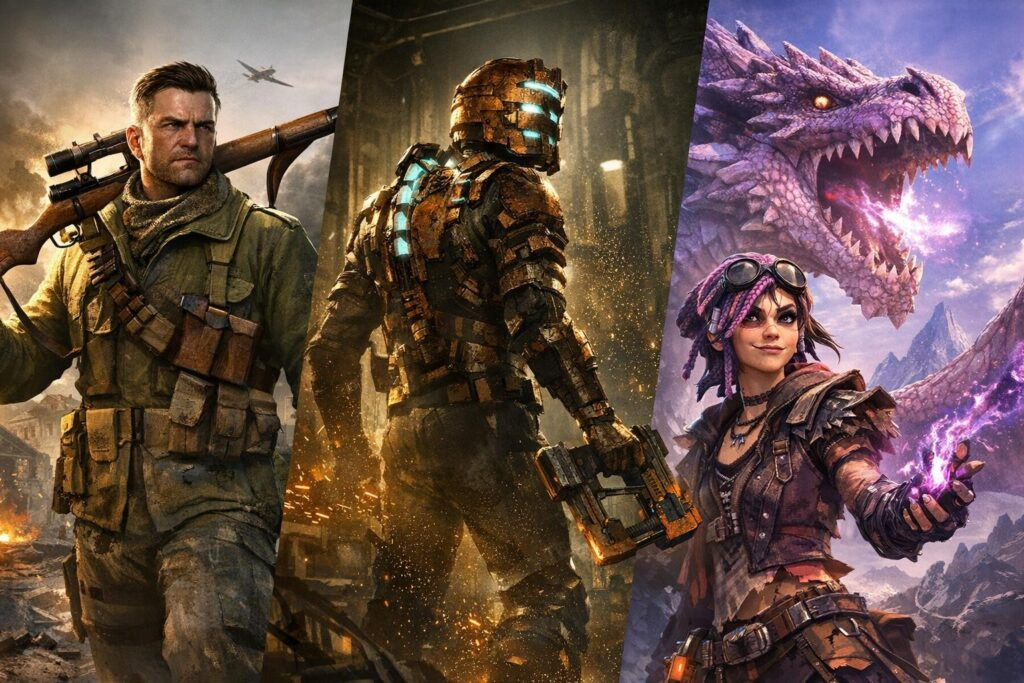 Video game characters posing with weapons and dragon backdrop