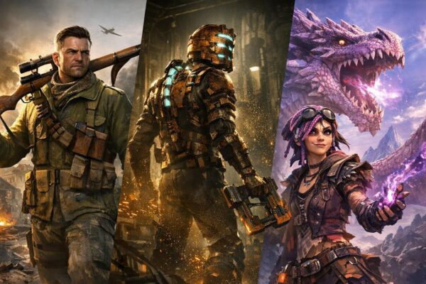 Video game characters posing with weapons and dragon backdrop