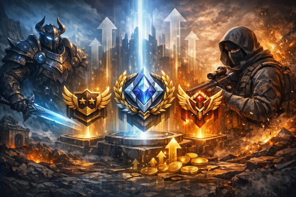 Armored knight and masked soldier face off with rank badges