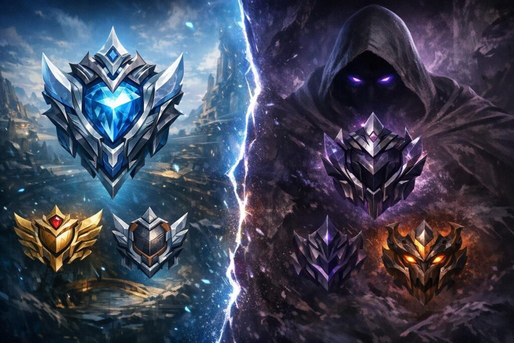 League of Legends rank emblems floating beside hooded figure