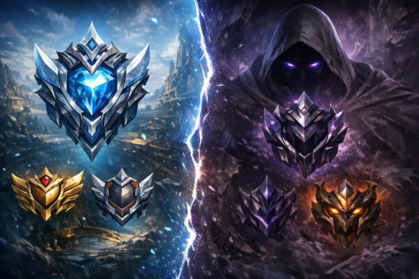 League of Legends rank emblems floating beside hooded figure