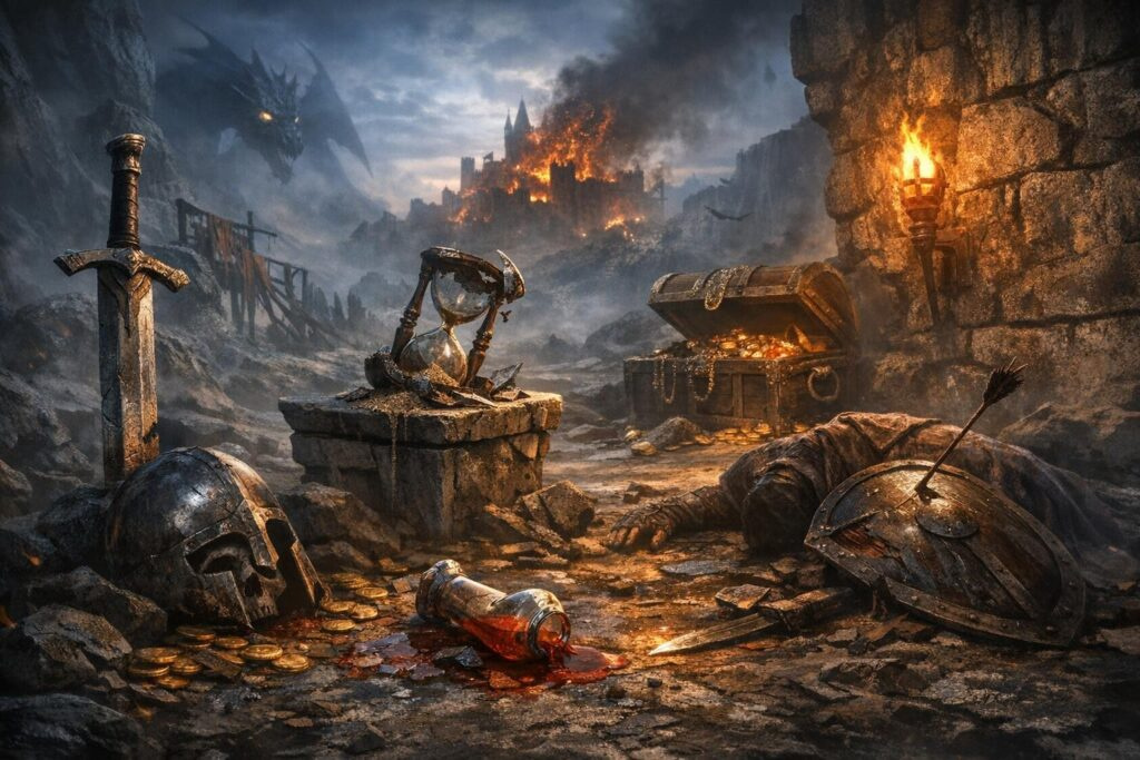 Dragon flying over burning castle above battlefield ruins