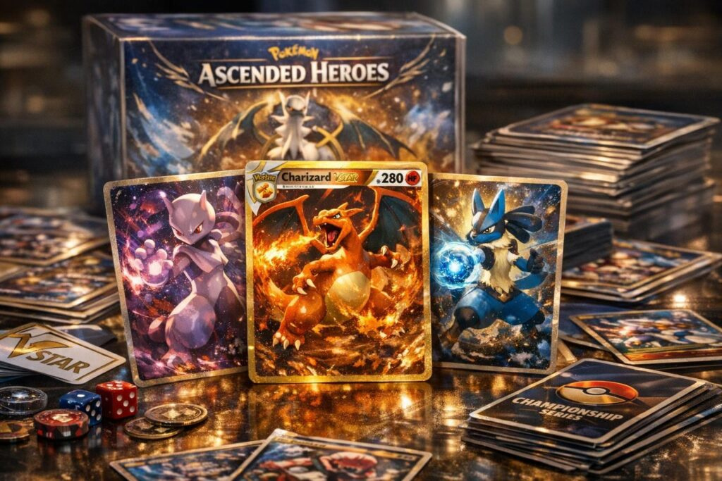 Pokémon cards featuring Mewtwo, Charizard, Lucario on table