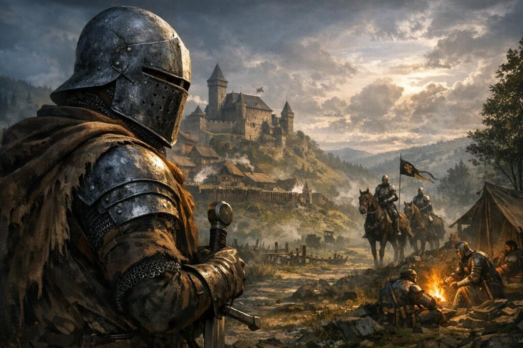 Armored knight holding sword near campfire by castle