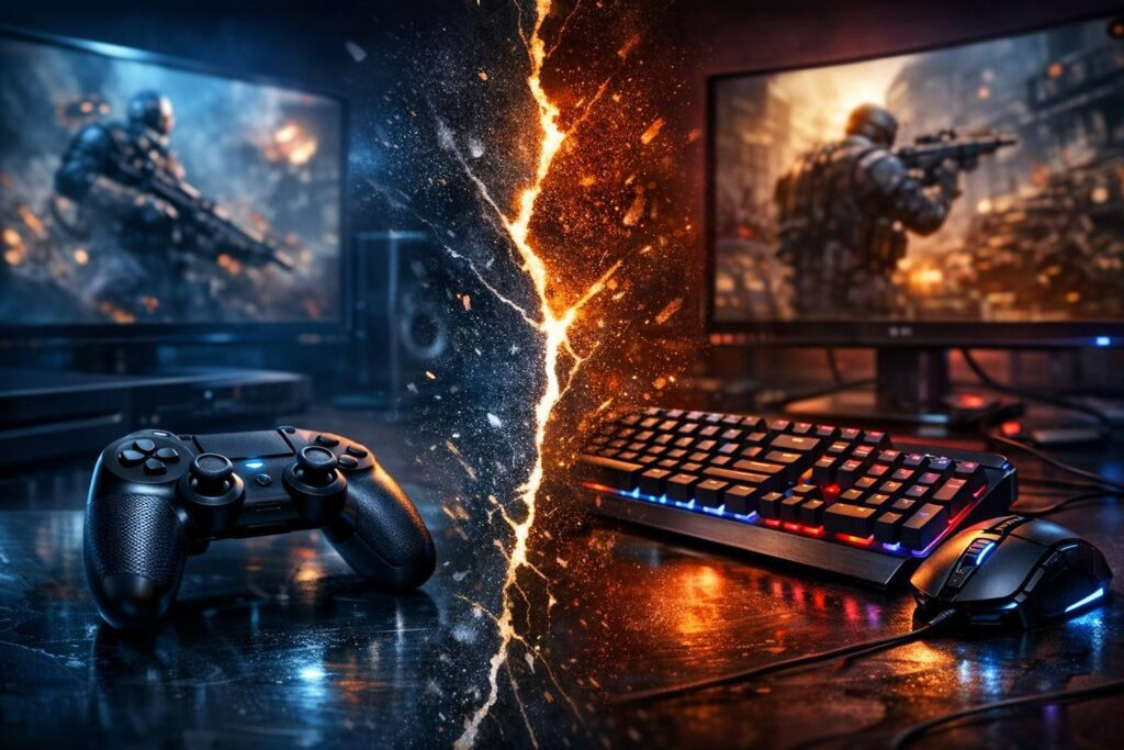 Game controller and RGB keyboard on gaming desk