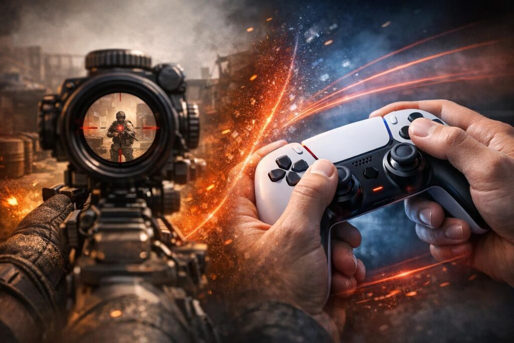 Hands holding white controller beside rifle scope aiming soldier