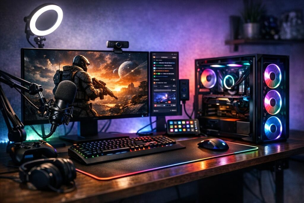 RGB gaming PC setup with monitor showing sci-fi soldier