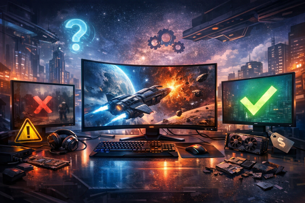 Gaming setup with spaceship.