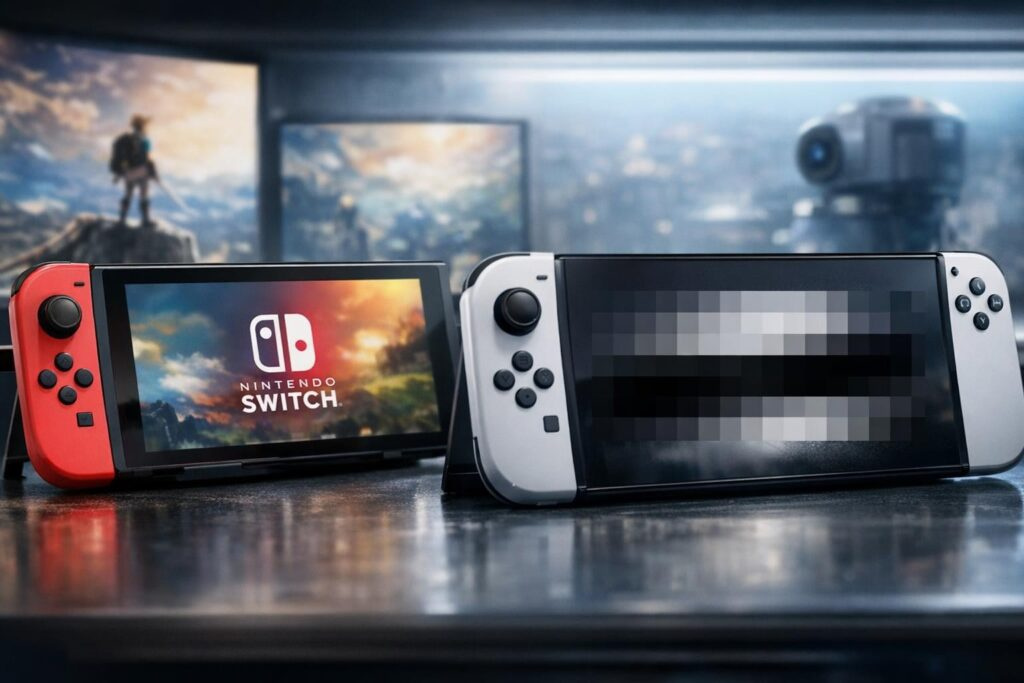 Two Nintendo Switch consoles on desk with screens lit