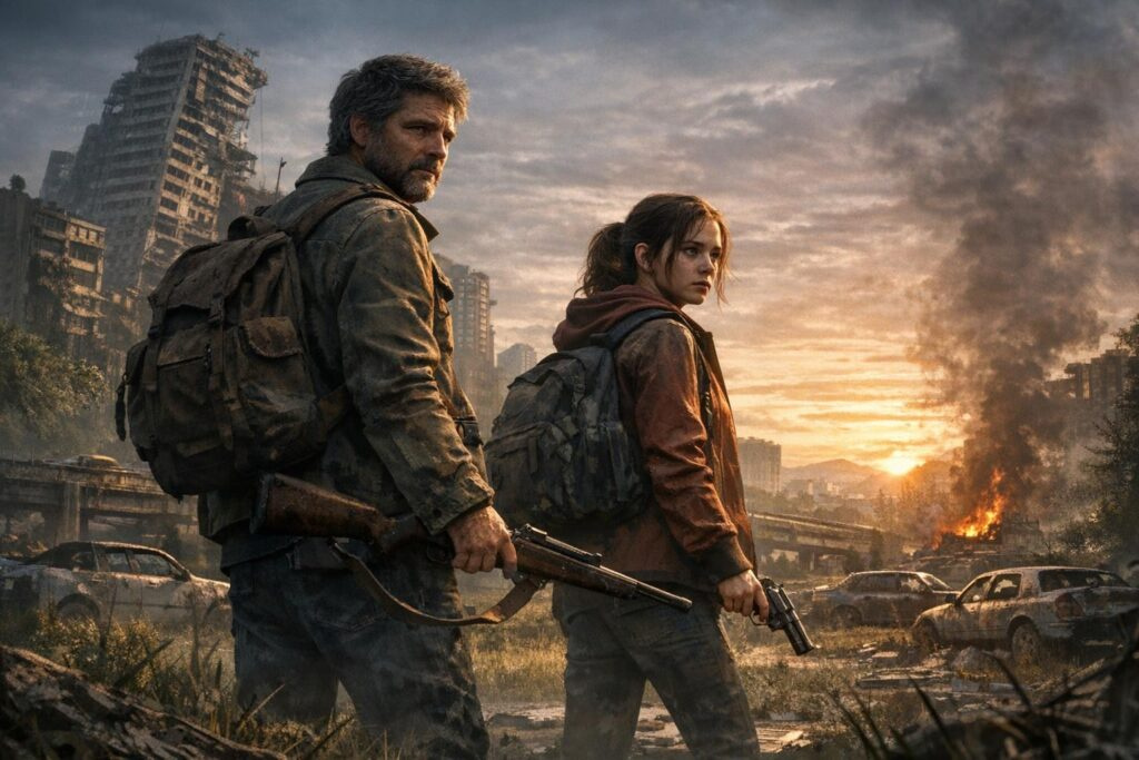 Joel and Ellie stand armed in ruined cityscape