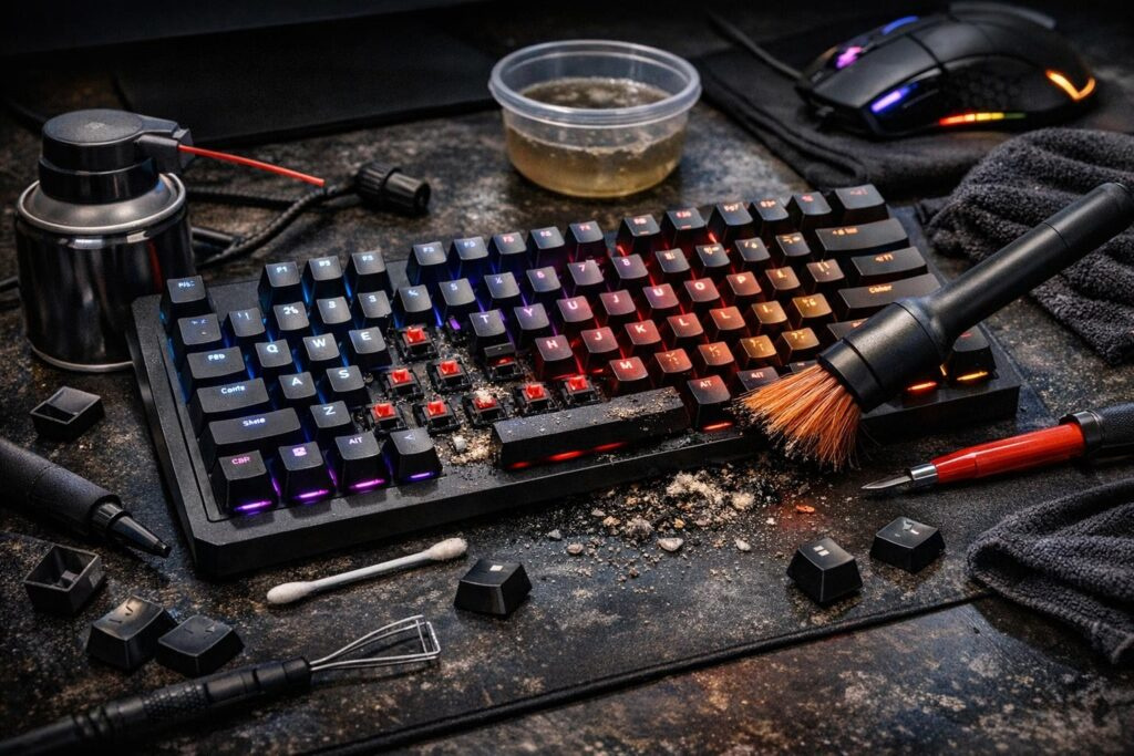 Cleaning RGB mechanical keyboard on dusty desk with brush
