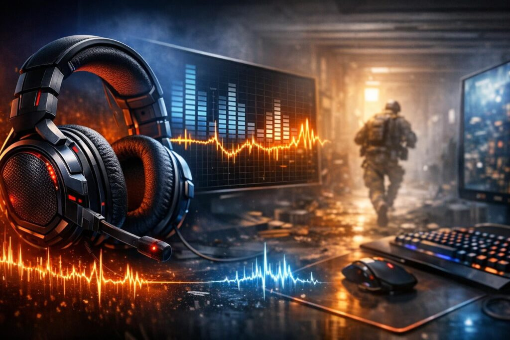 Gaming headset beside monitor and keyboard on desk