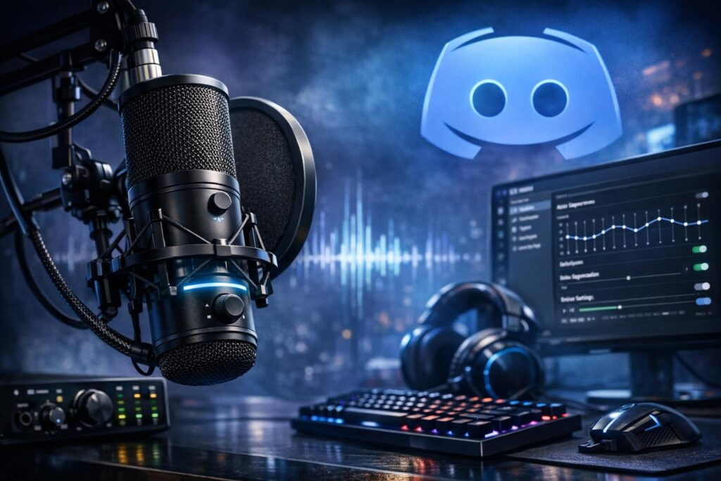 Microphone facing computer monitor with Discord logo in studio