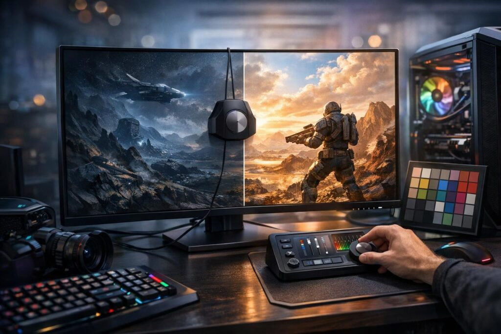 Hand adjusts color grading console at dual monitors desk
