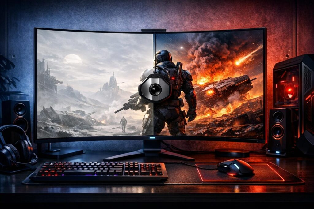 Gaming monitor displaying sci-fi soldier in battlefield scene